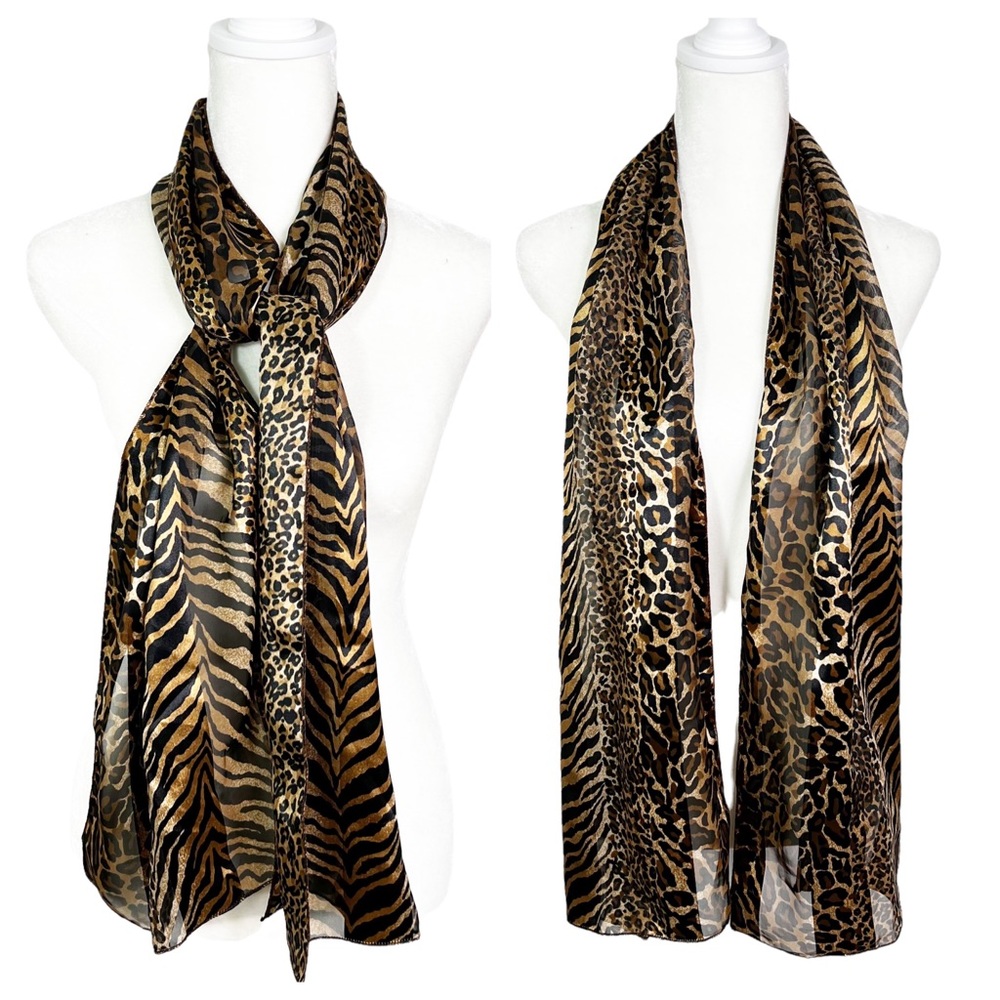 Mixed Animal Print Silky Neck Scarf Brown Black 60”x12.5”